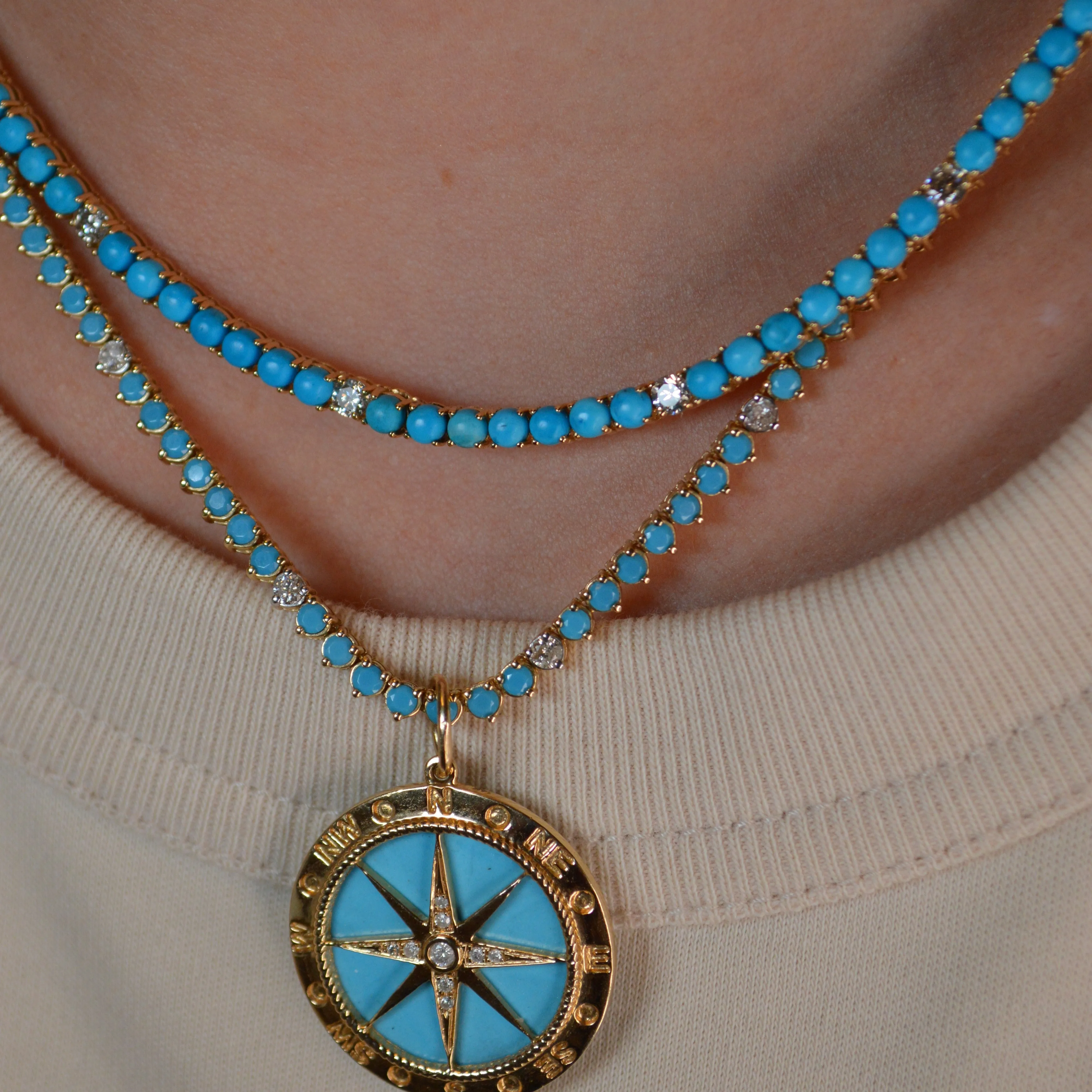 12.07ct Turquoise Diamond 18K Gold Tennis Necklace
