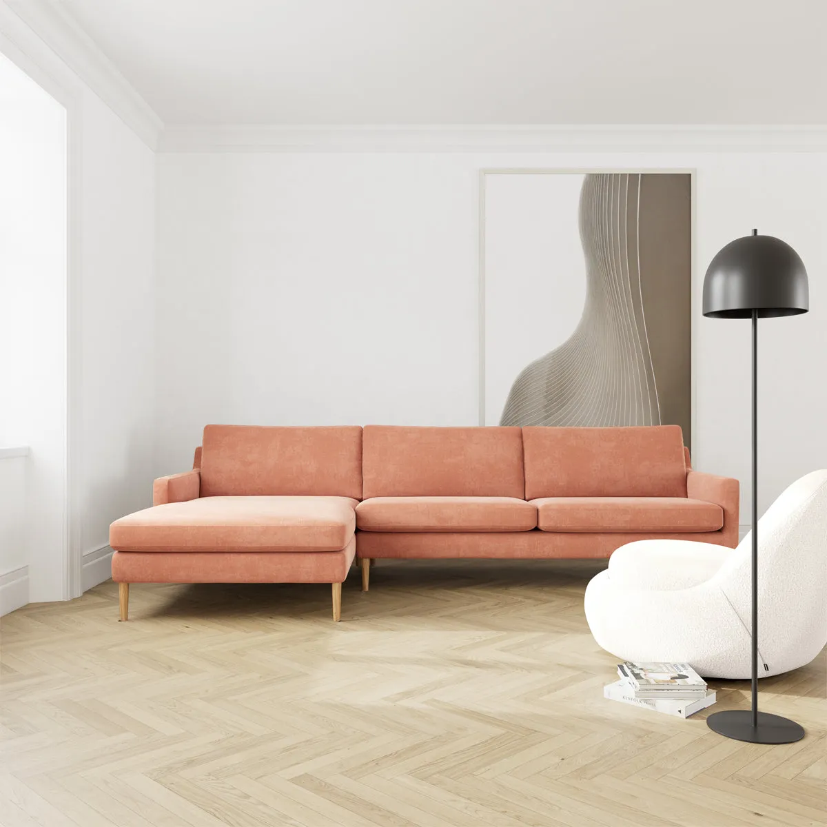 Astha Fabric Left Chaise Sofa (Oak, Dusty Rose)