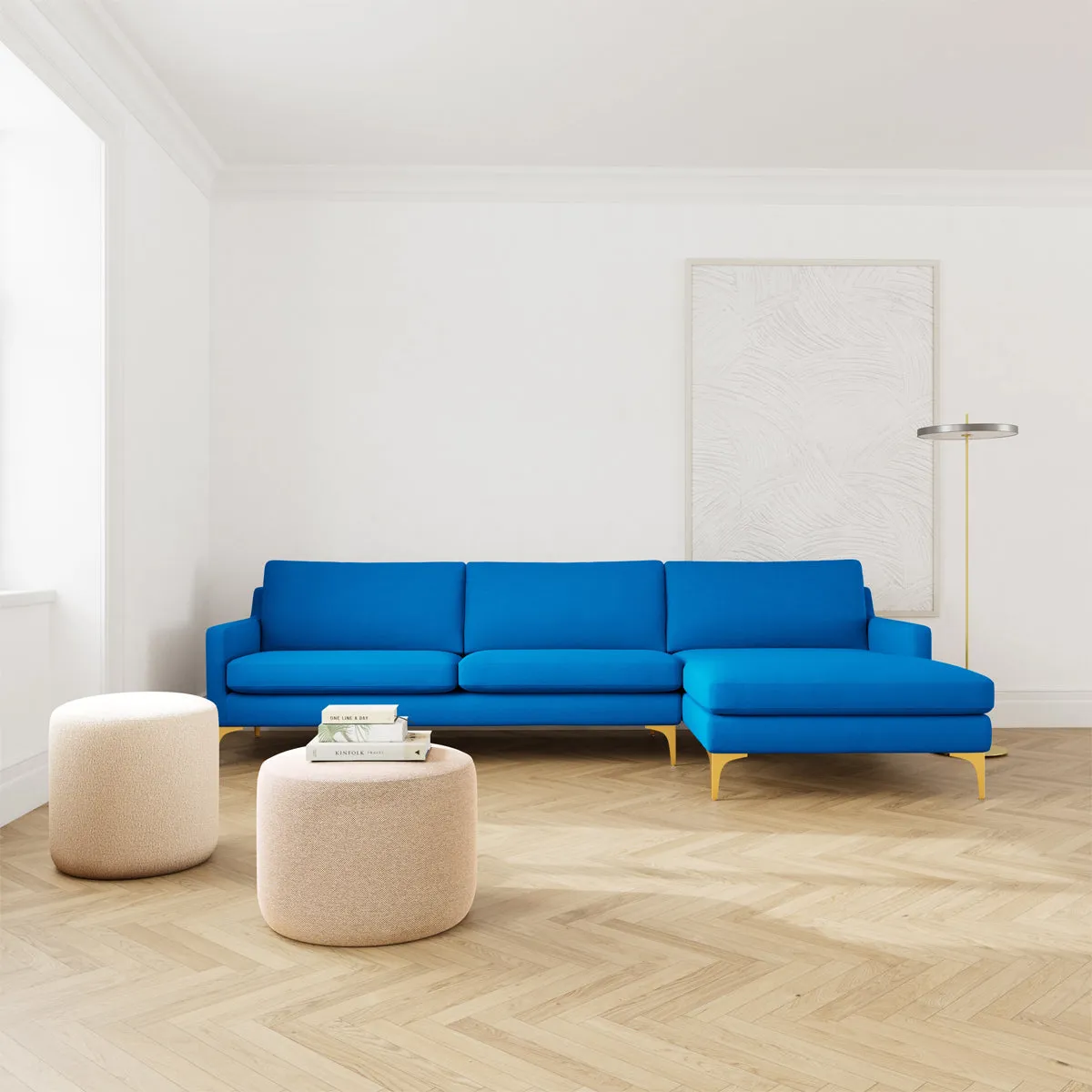 Astha Fabric Right Chaise Sofa (Brass Metal, Cobalt Blue)