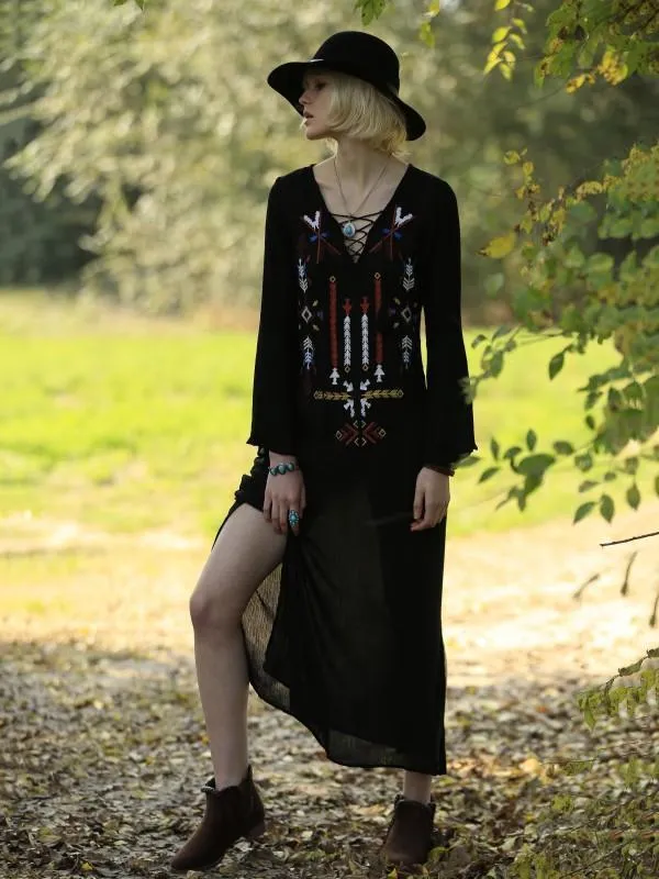 Bohemia Embroidery Long Sleeve Side Split Maxi Dress
