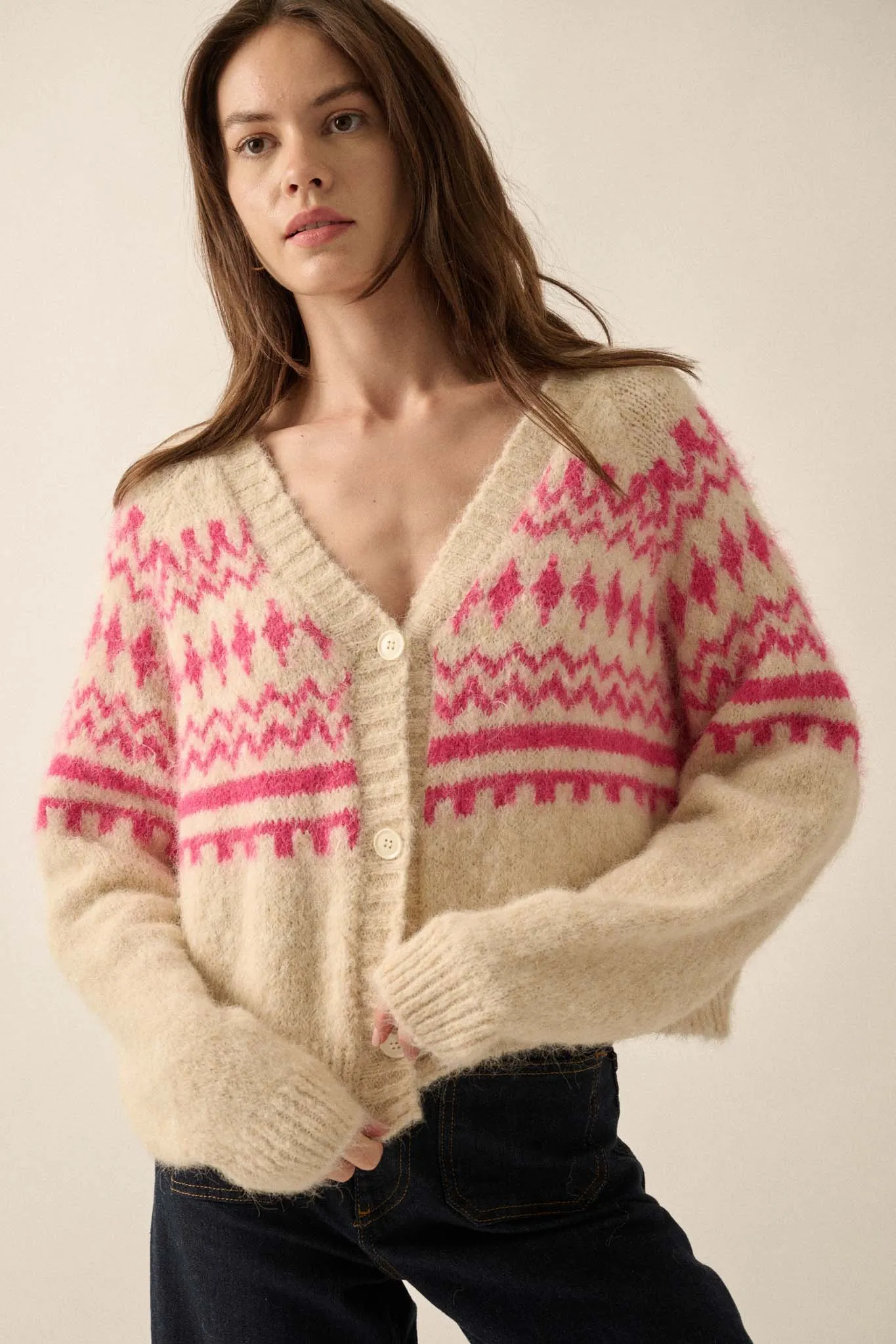 Deer Valley Fuzzy Knit Alpine Cardigan Sweater
