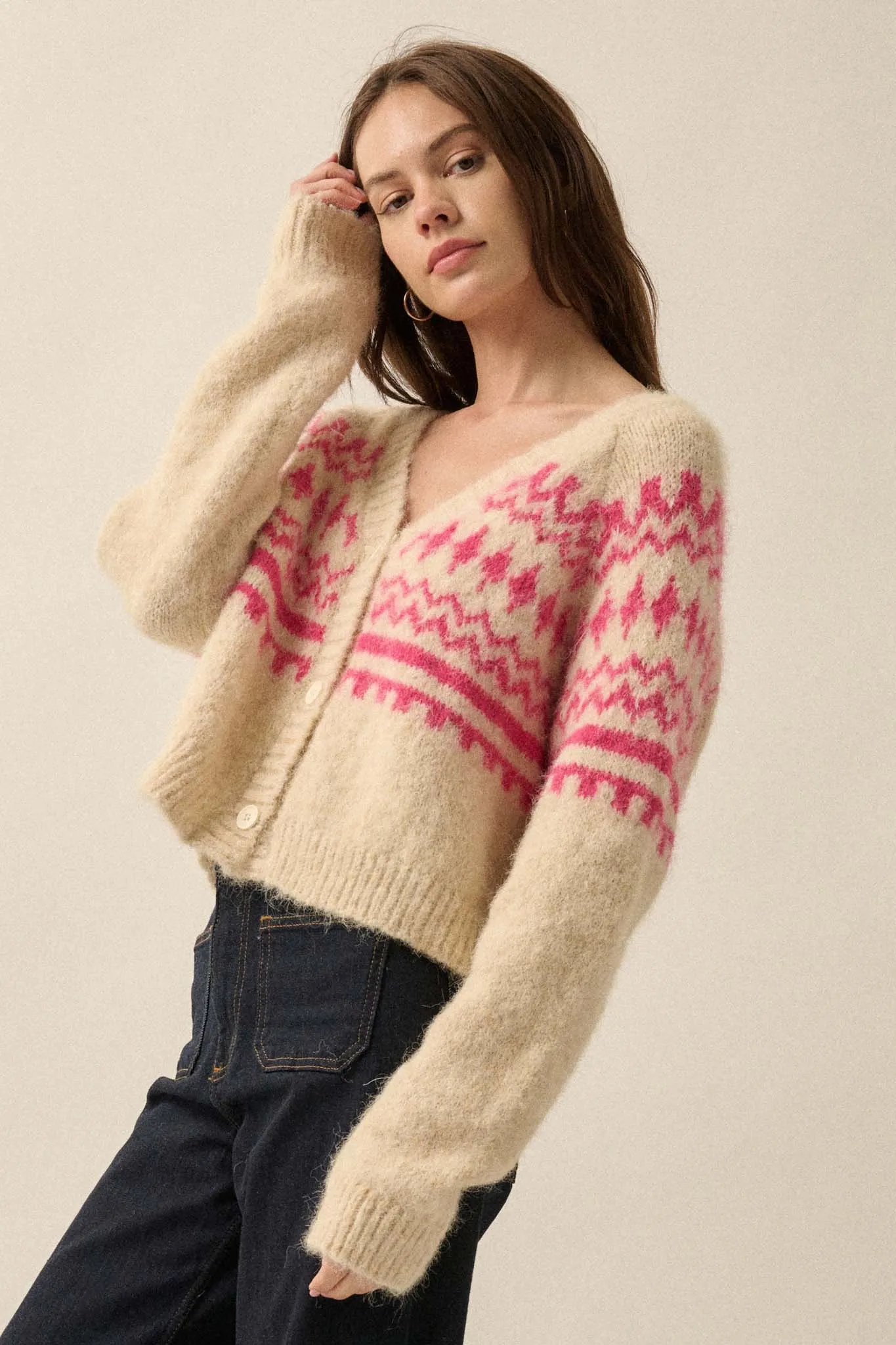 Deer Valley Fuzzy Knit Alpine Cardigan Sweater