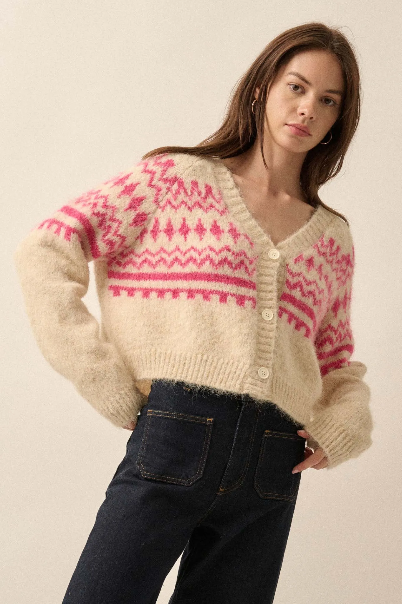 Deer Valley Fuzzy Knit Alpine Cardigan Sweater