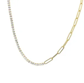 Half Diamond Tennis Half PaperClip Necklace