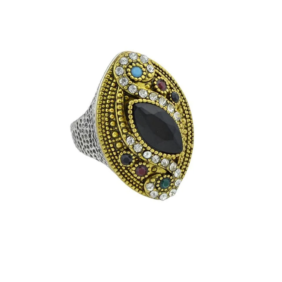 Jewelry Gold color rings with black blue red acrylic and white rhinestone geometric shape wedding rings