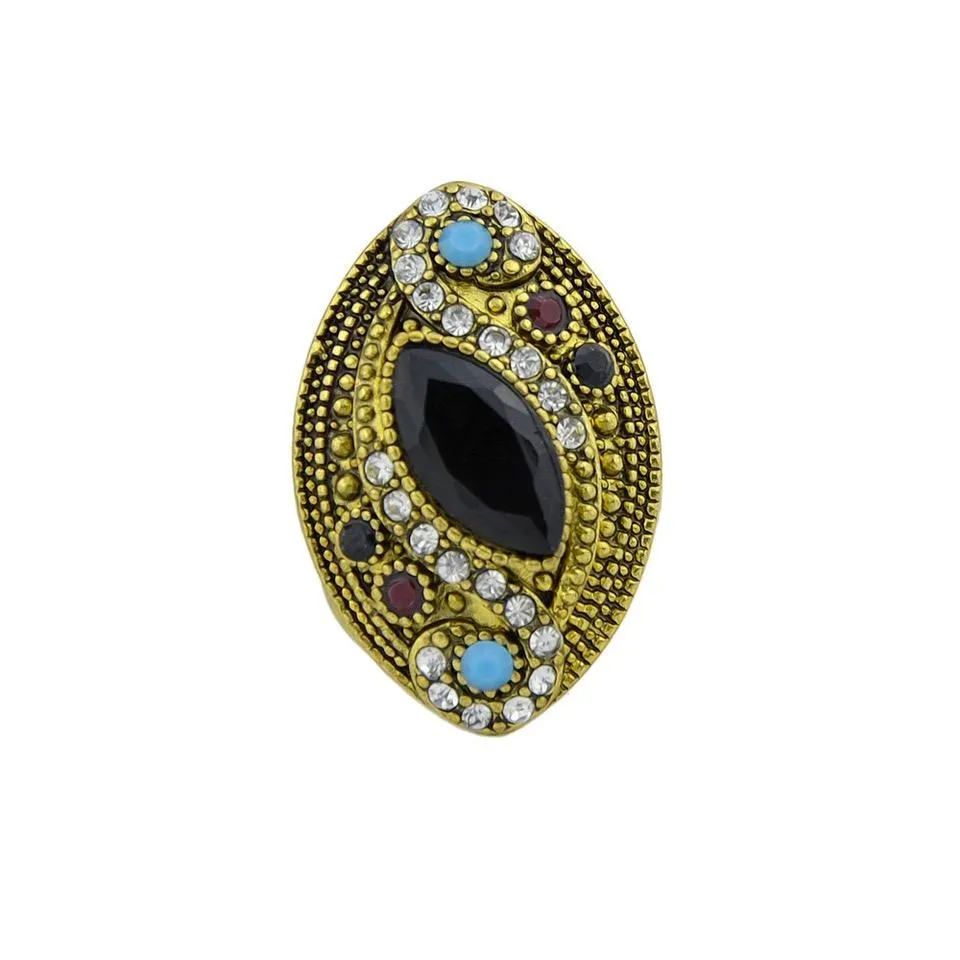 Jewelry Gold color rings with black blue red acrylic and white rhinestone geometric shape wedding rings