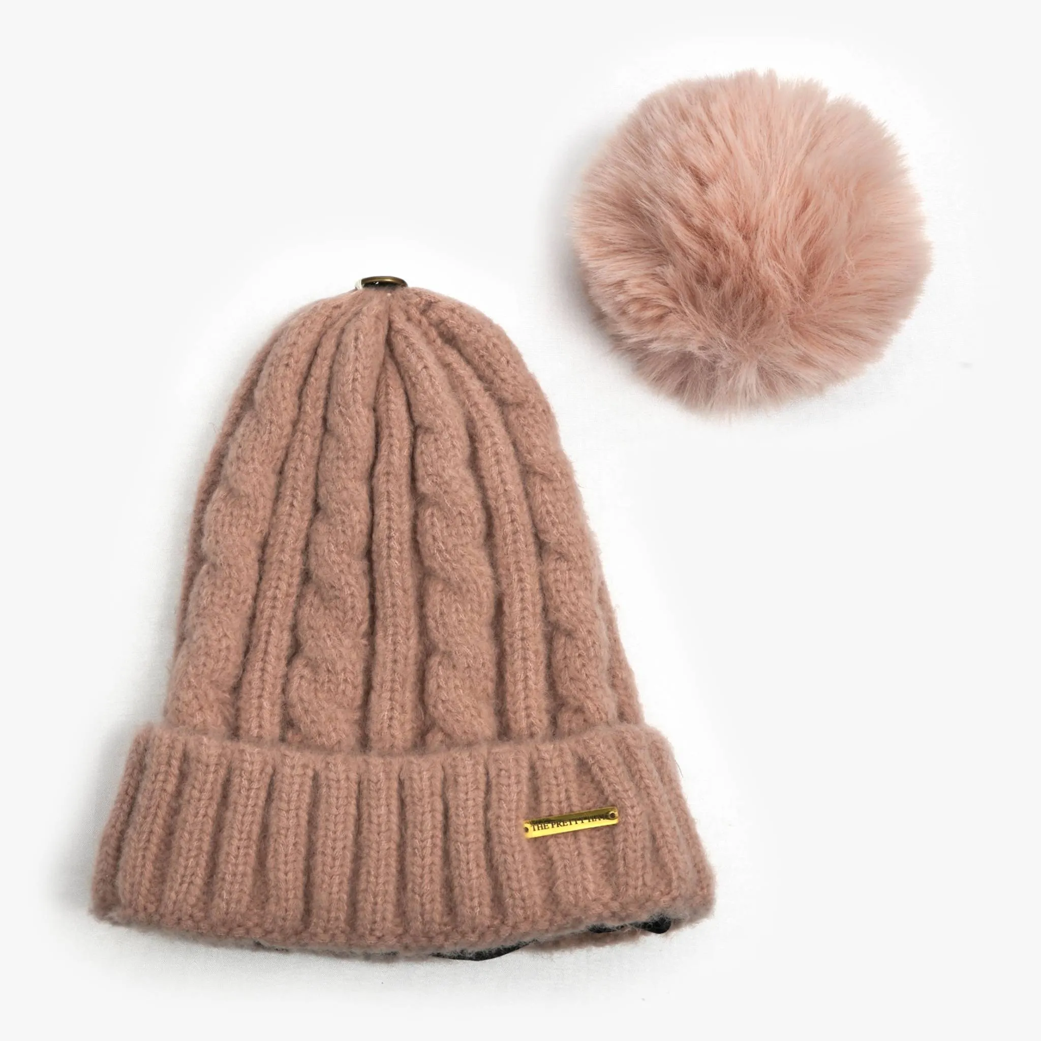 Laura Satin Lined Beanie With Detachable Pom - Soft Pink