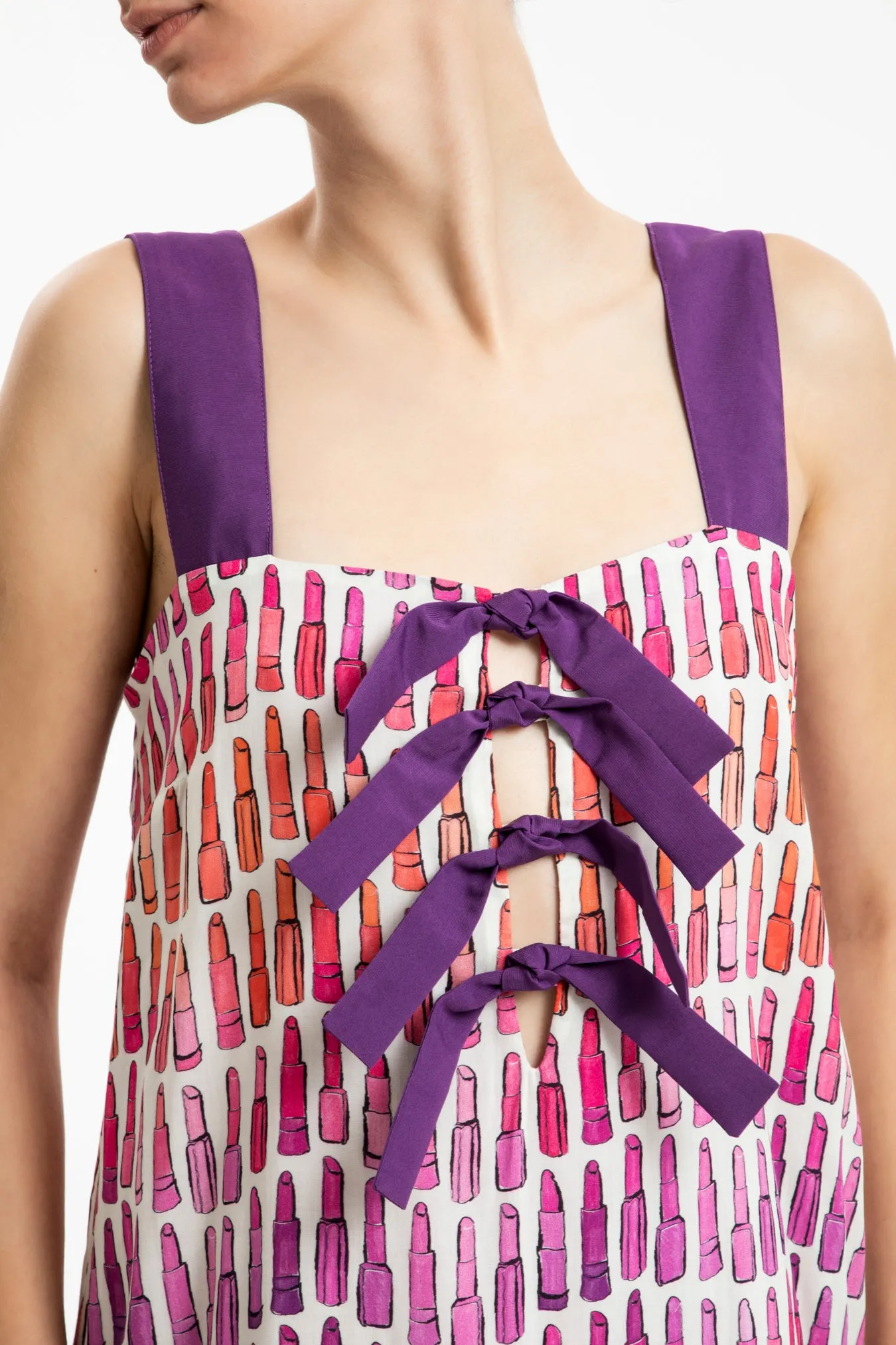 Lipstick Ruffled Long Dress With Bows