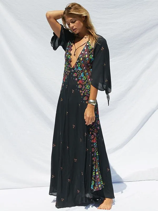 New PRINT DEEP V NECK BOHEMIA BEACH MAXI DRESS