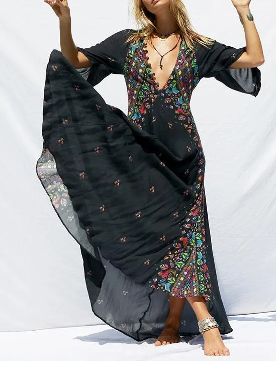 New PRINT DEEP V NECK BOHEMIA BEACH MAXI DRESS
