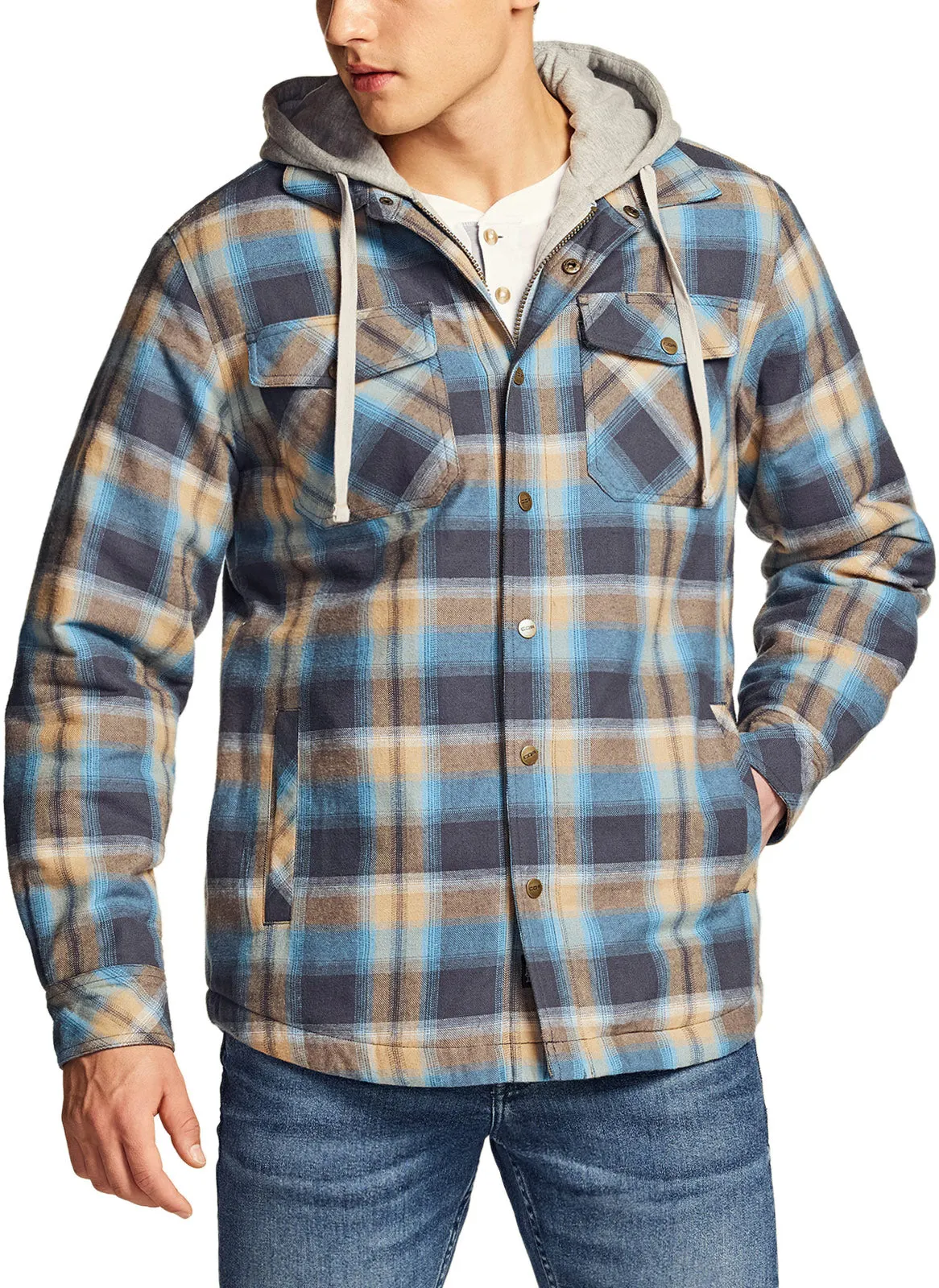 Quilted Lined Flannel Hooded Shirt Jacket with Zipper [HOK740]