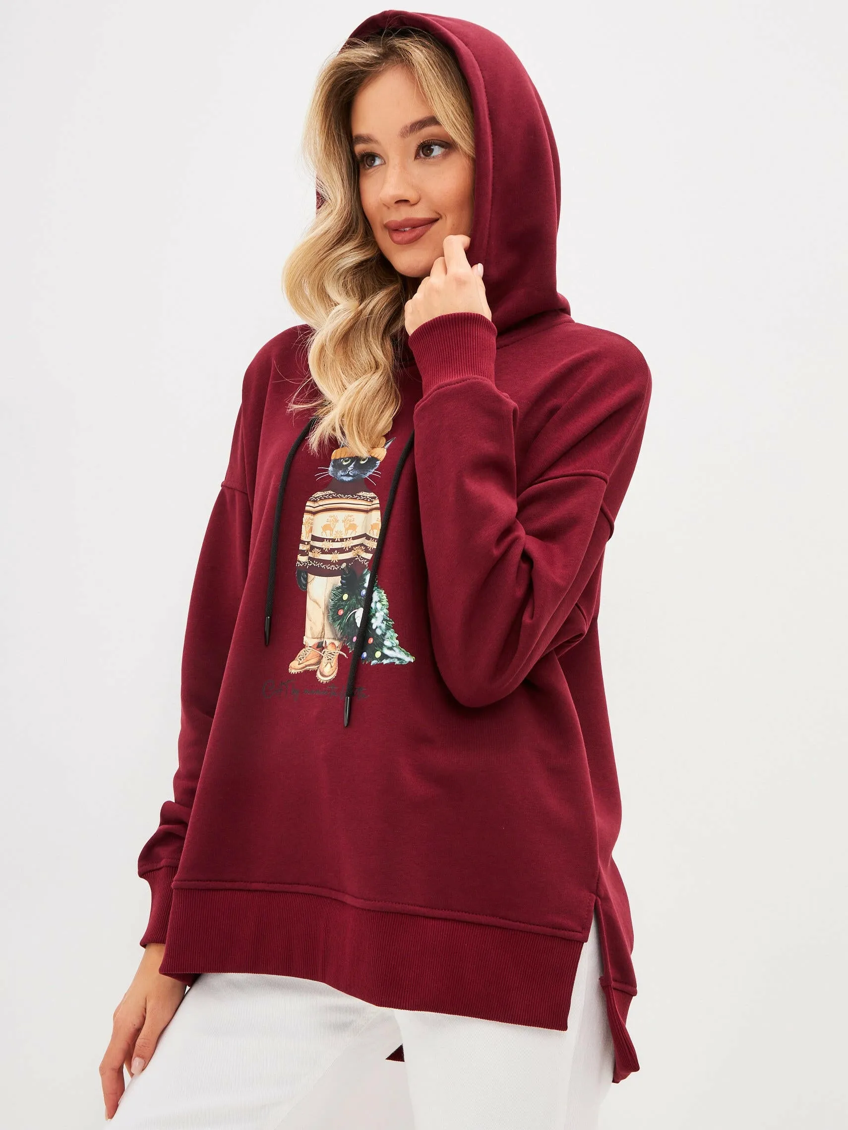 Red Printed Oversized Hoodie CHRISTMAS CAT
