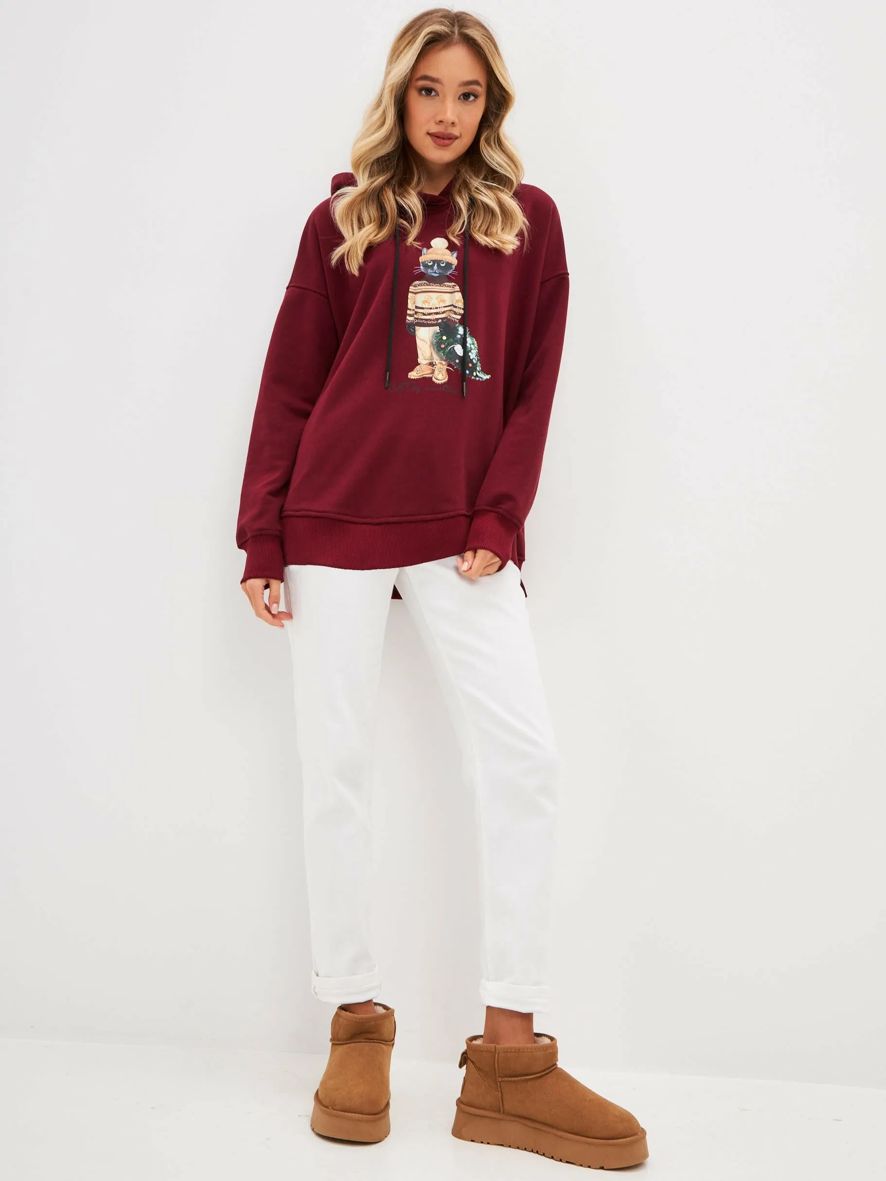 Red Printed Oversized Hoodie CHRISTMAS CAT