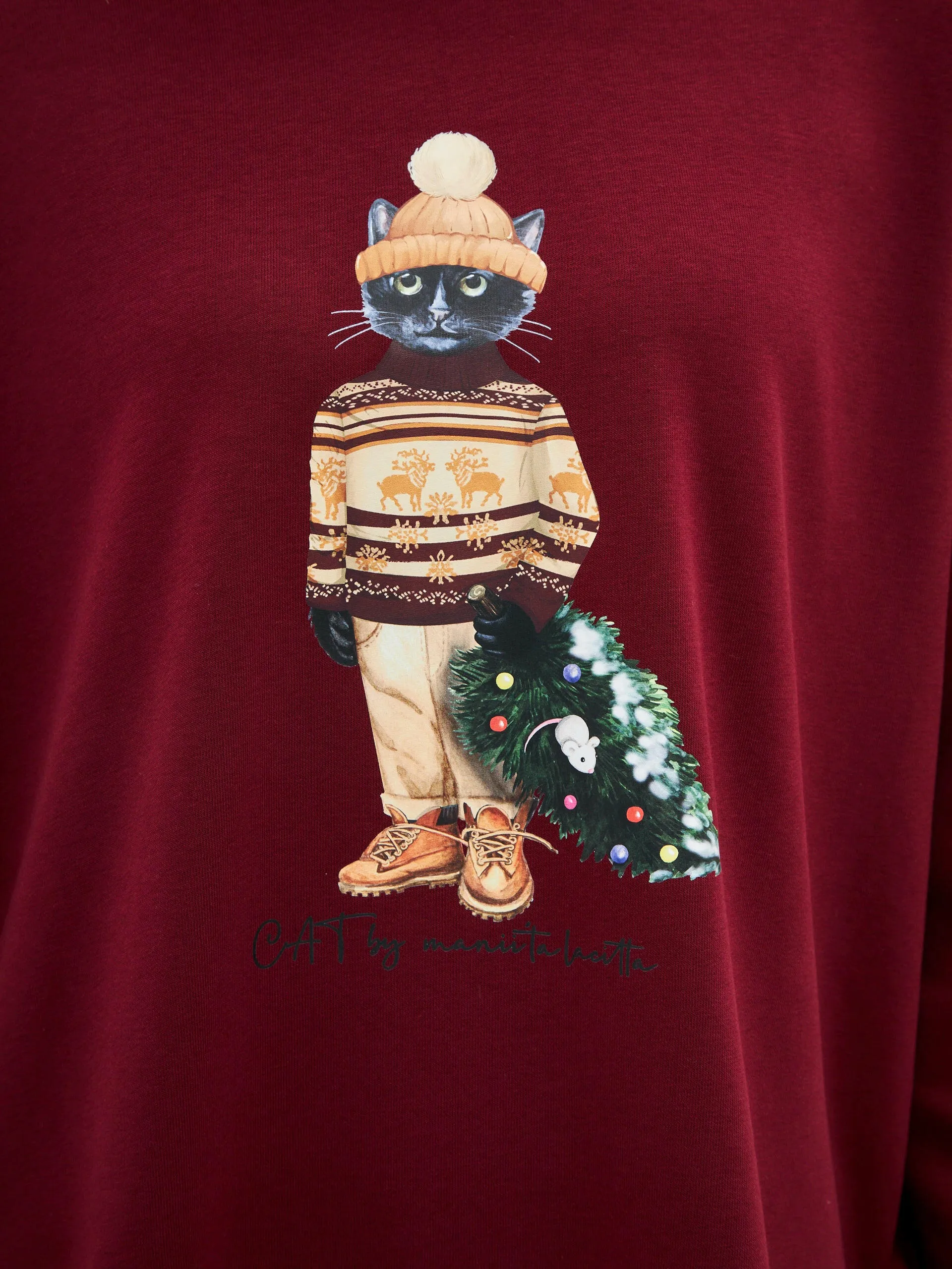 Red Printed Oversized Hoodie CHRISTMAS CAT