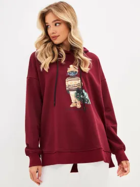 Red Printed Oversized Hoodie CHRISTMAS CAT
