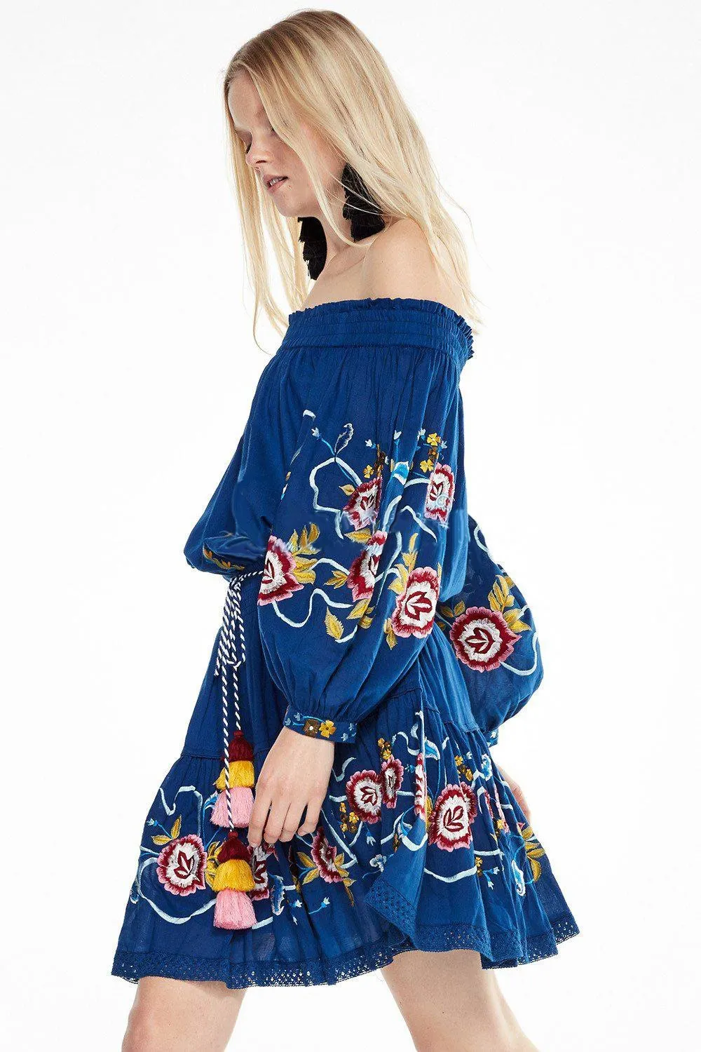 Shoulder-off Bohemian stripes heavy geometric embroidery tassels Blue dress
