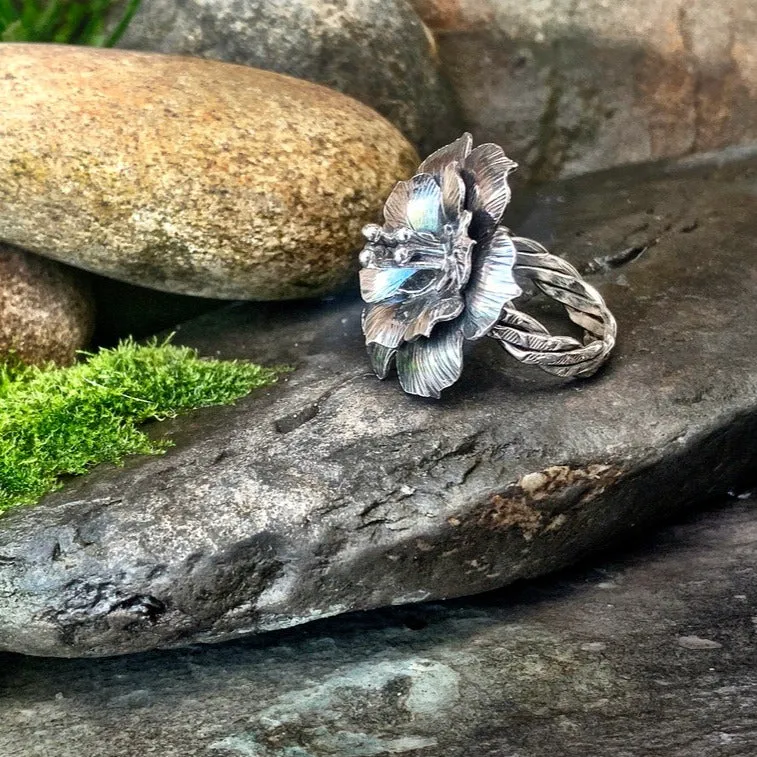 Sterling silver, flower statement ring. UK size P