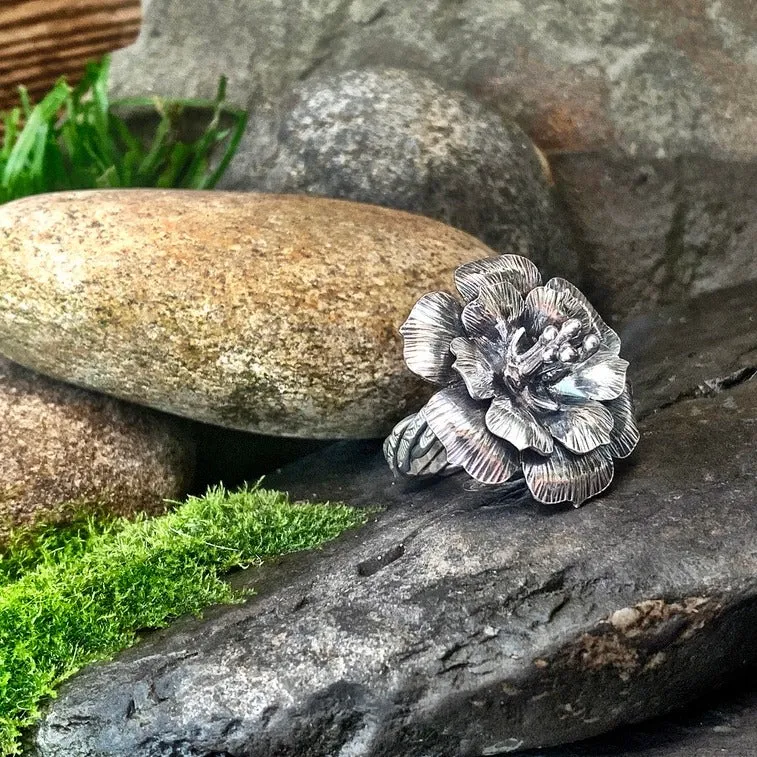 Sterling silver, flower statement ring. UK size P