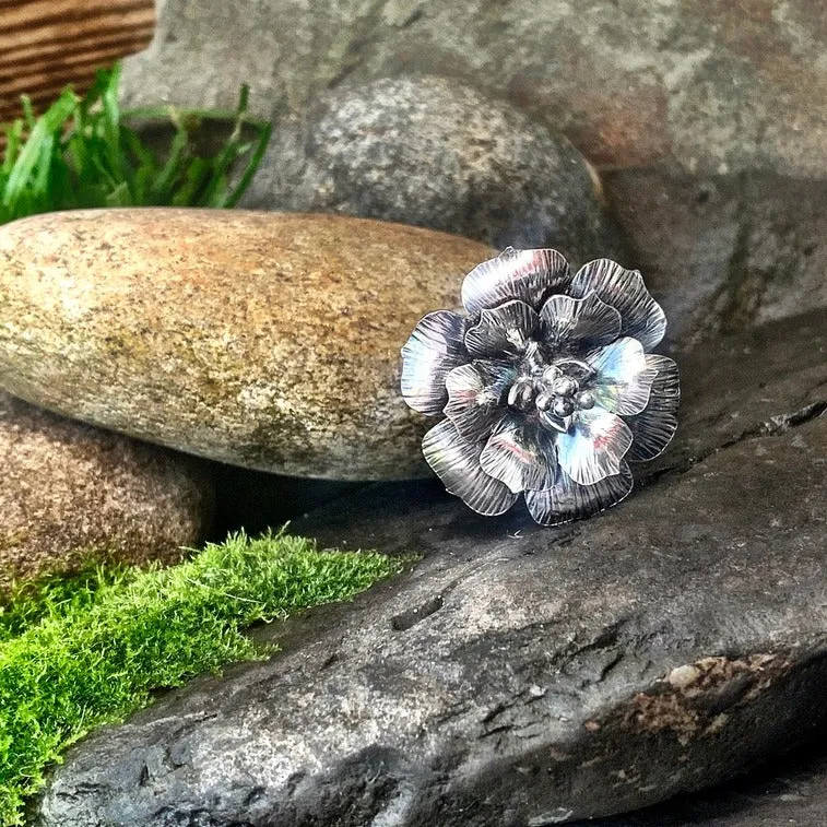 Sterling silver, flower statement ring. UK size P